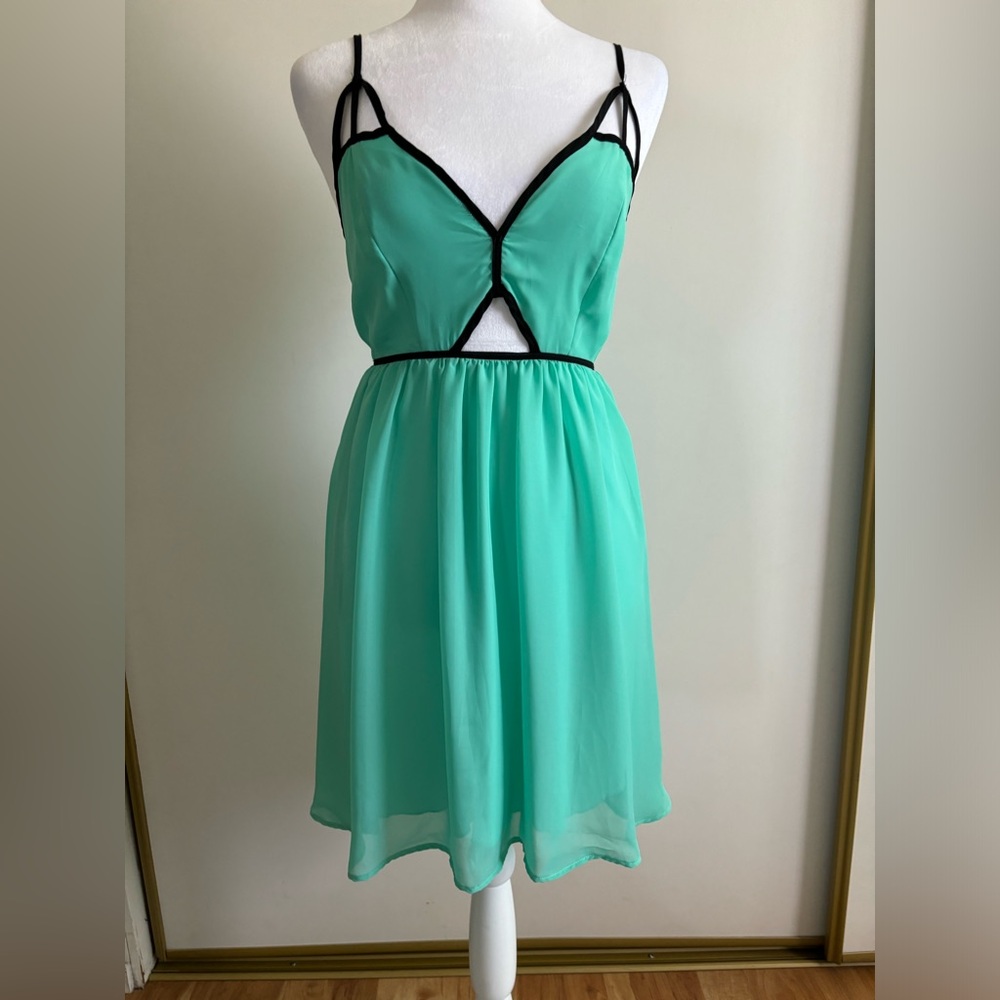 L8ter Mini Mint Green with Black Trim Baby Doll Dress Size S